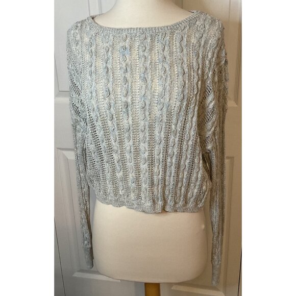 Natural Life Cropped Crochet Sweater Grey Blue Cottagecore Coastal Boho Medium - Picture 1 of 6